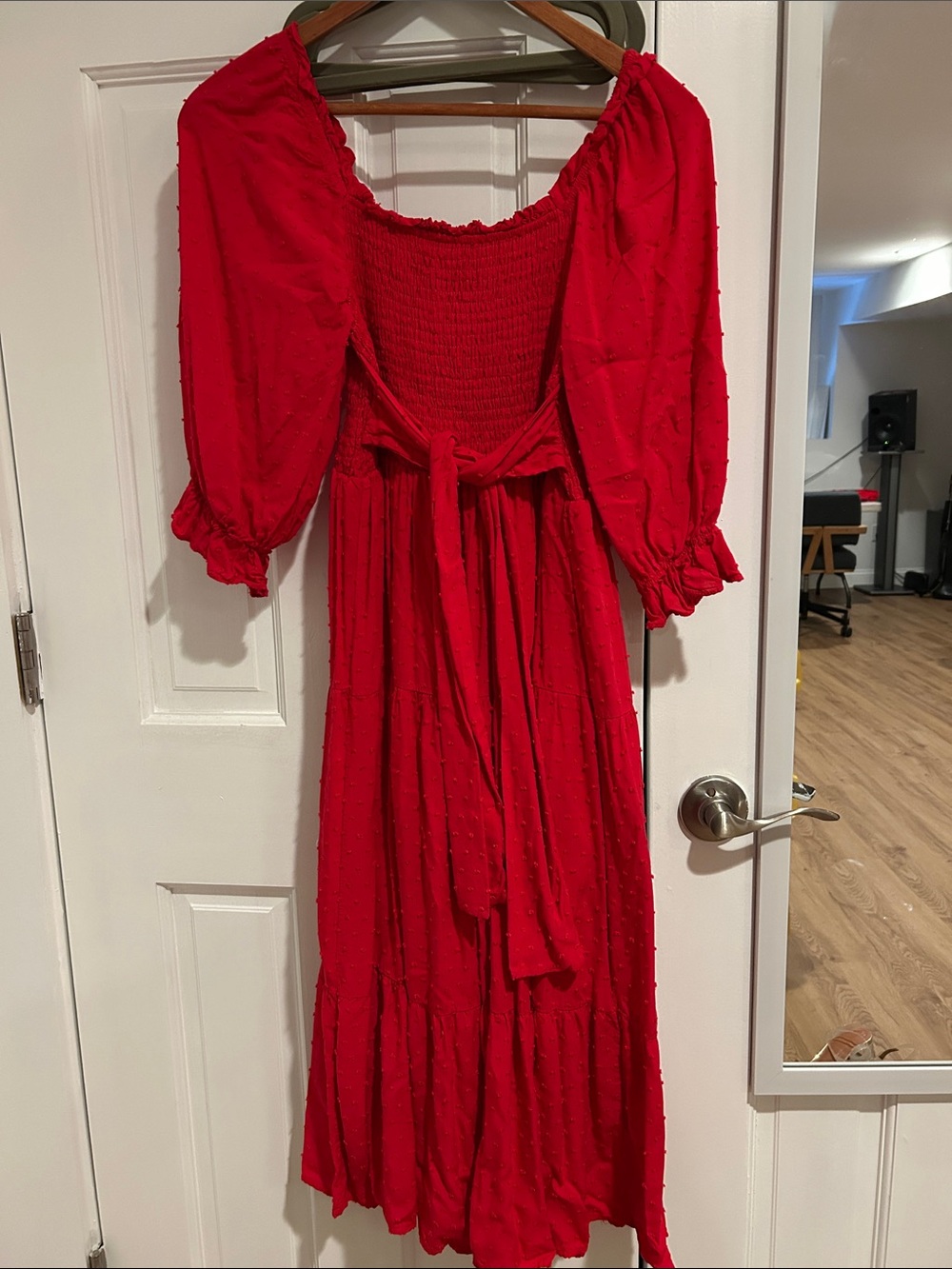 Red Smocked Midi Dress with Puff Sleeves